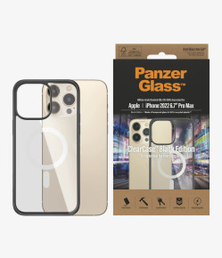 Оригинален твърд гръб от закалено стъкло със силиконов борд PanzerGlass ClearCase MagSafe за Apple iPhone 14 Pro Max 6.7 прозрачен с черен кант Anti-bacterial